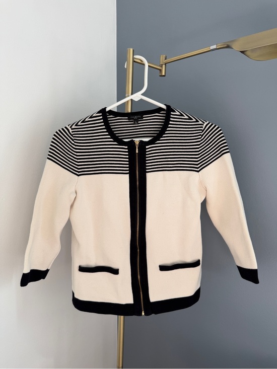Talbots Sweaters - Talbots Black and Cream Striped Zip-Front Cardigan